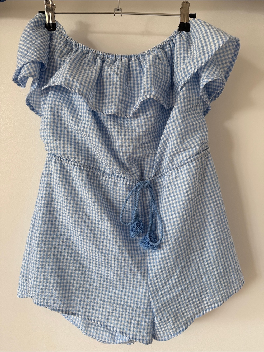 Azalea Light Blue Gingham Off-Shoulder Romper